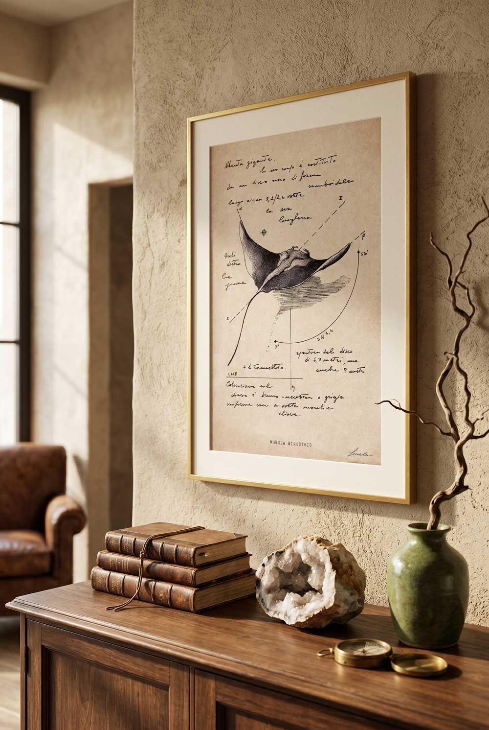Framed Mobula Birostris print on a wooden sideboard - fine art wall art for gift ideas | Lorenzo Caia