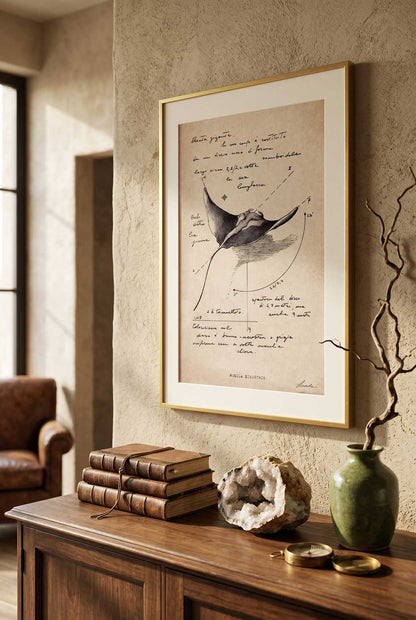 Framed Mobula Birostris print on a wooden sideboard - fine art wall art for gift ideas | Lorenzo Caia