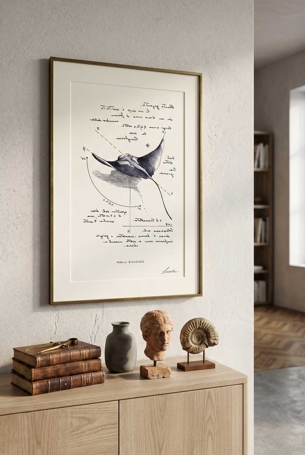 Framed Mobula Birostris print in a modern living room - fine art wall art for home decor | Lorenzo Caia