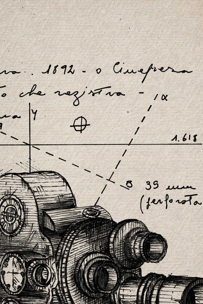 Motus Lucis ink detail - close-up of the vintage movie camera on ivory paper | Lorenzo Caia