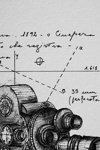 Motus Lucis ink detail - graphic line work of the movie camera on white background | Lorenzo Caia