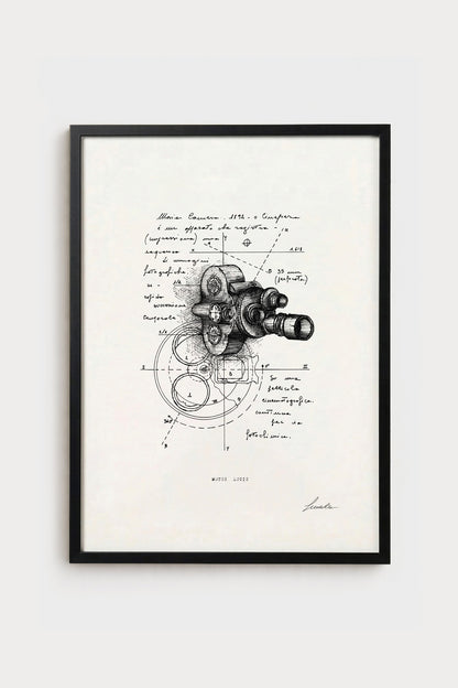 Ink illustration Motus Lucis - fine art print on white background, optics and cinema | Lorenzo Caia