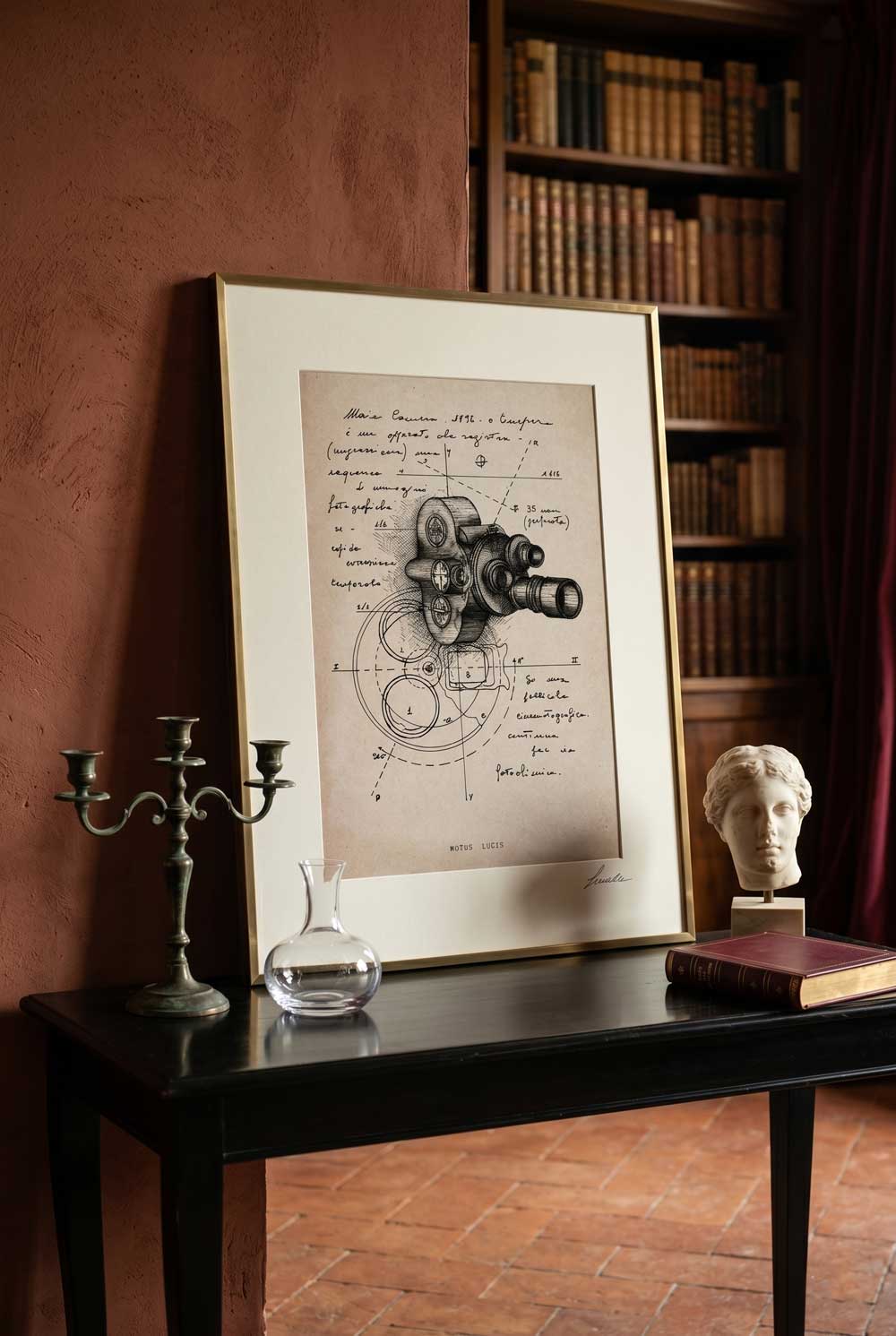 Framed Motus Lucis print on a black console in a study with a red wall - fine art wall art | Lorenzo Caia