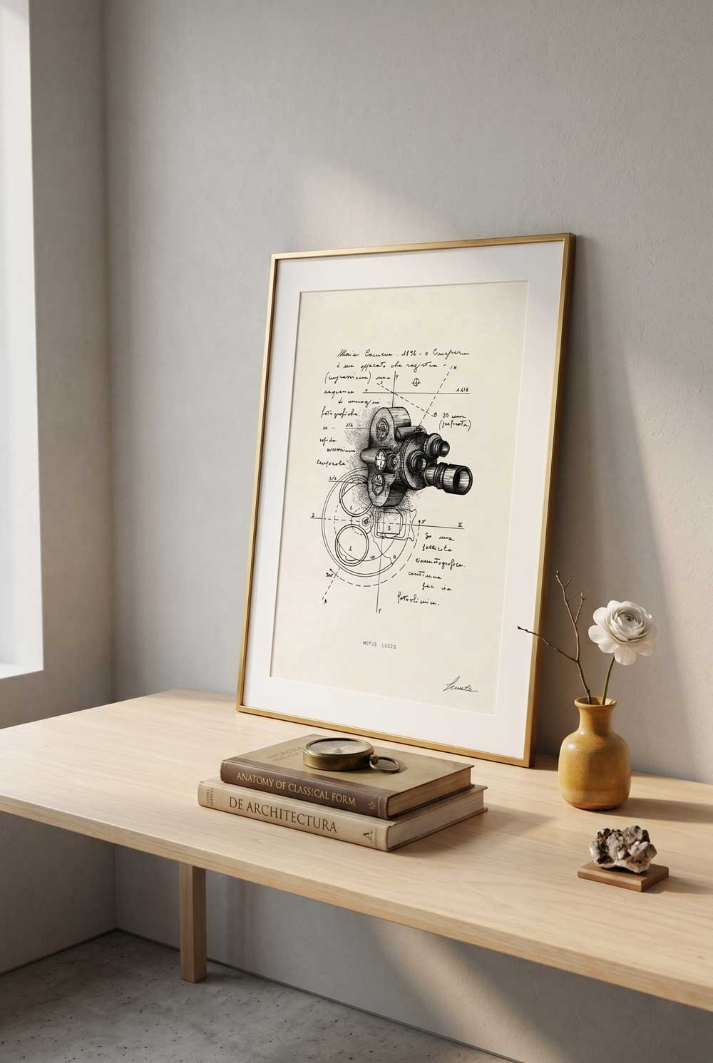 Framed Motus Lucis print on a wooden desk with compass and books - fine art wall art | Lorenzo Caia
