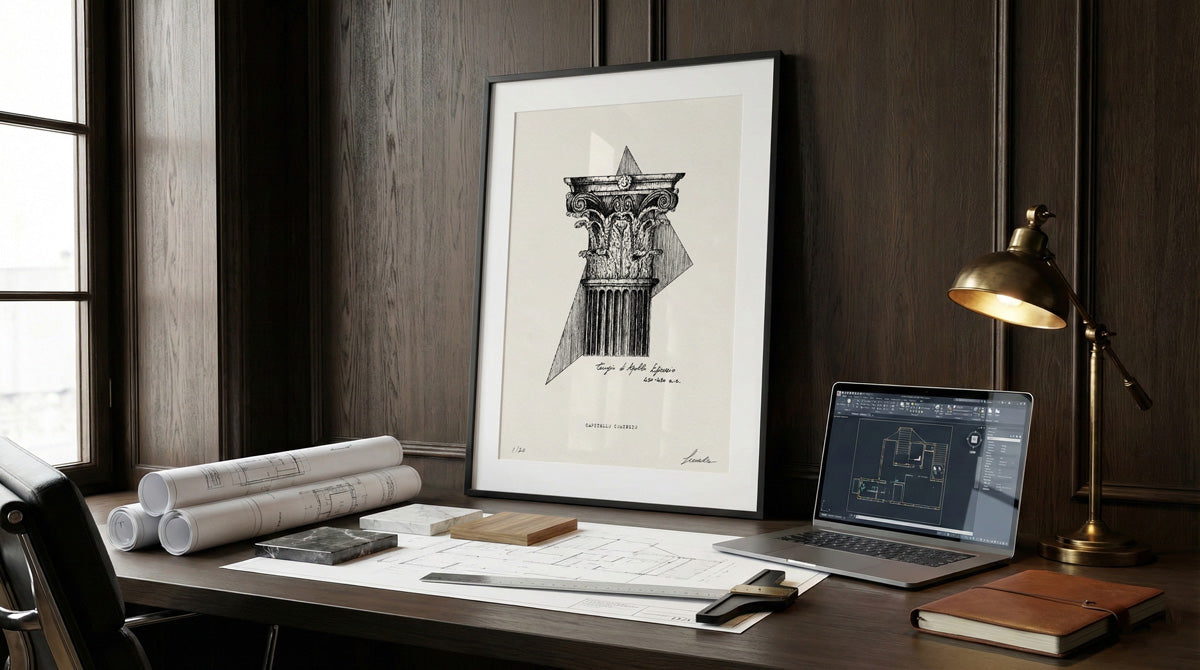 Stampa fine art "Ordo Aeternus" di Lorenzo Caia, edizione limitata "Fondo d'Archivio" su carta cotone avoriata. L'opera, raffigurante capitelli e ordini architettonici classici, è numerata 1/20, firmata a mano e presentata in una cornice dorata anticata.