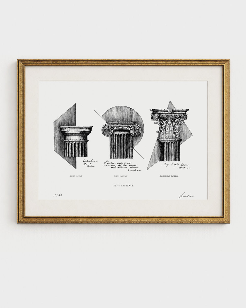 Edizione standard della stampa fine art "Ordo Aeternus" su carta bianca naturale. Illustrazione a china dei tre ordini architettonici classici (dorico, ionico, corinzio), incorniciata in oro. Firmata e numerata 1/20.