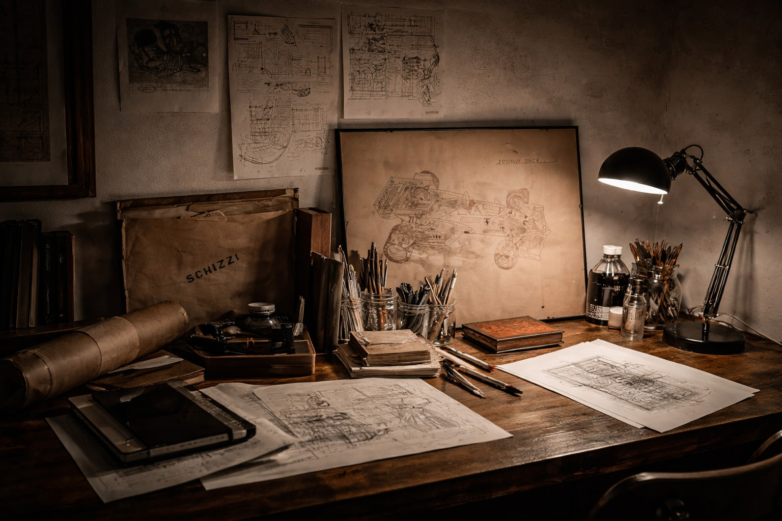 Studio di Lorenzo Caia con tavole di disegno tecnico, opere d’archivio e strumenti di lavoro, luogo di origine del progetto di stampe fine art numerate.