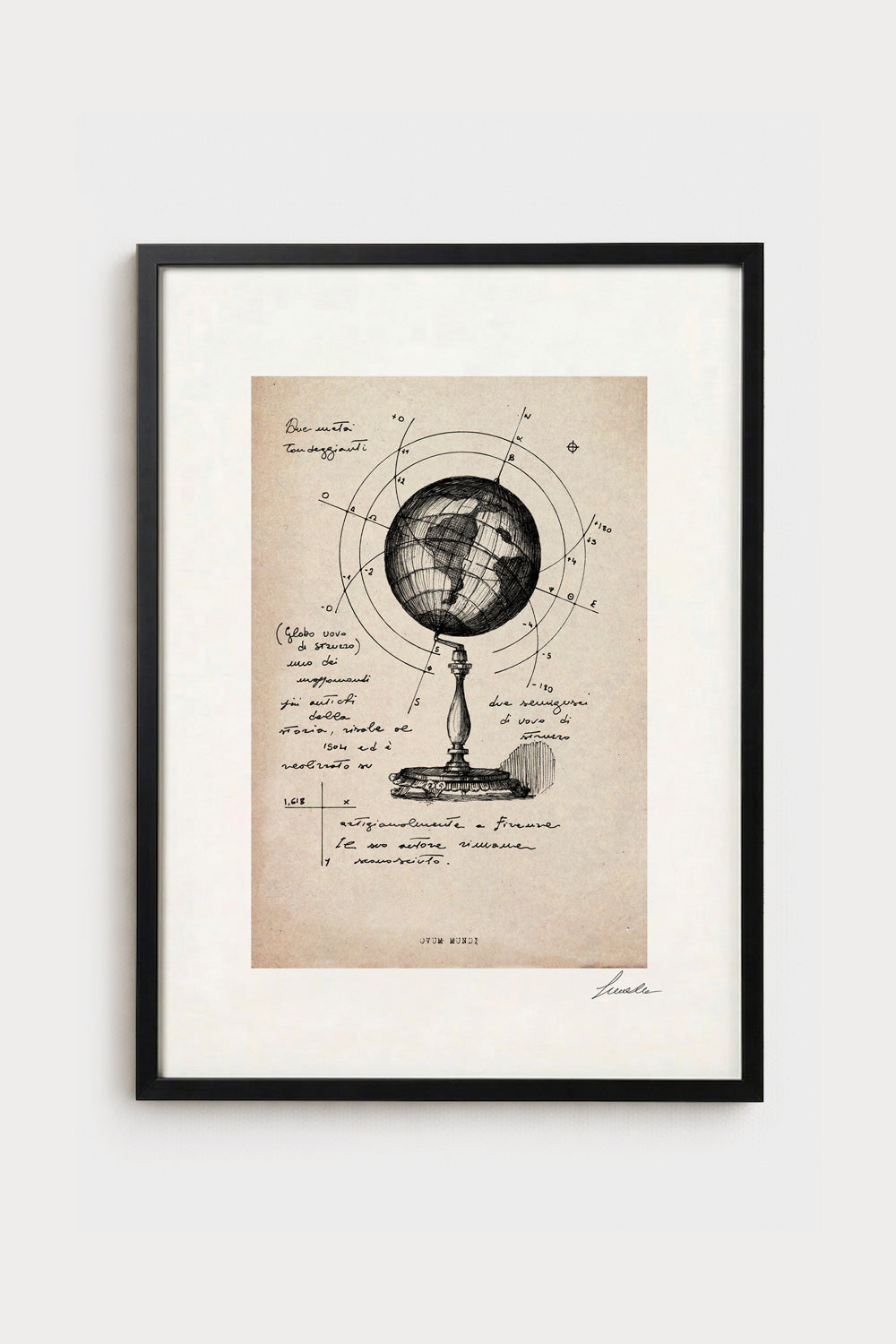 Ink illustration Ovum Mundi on ivory background - archival fine art print, vintage globe drawing | Lorenzo Caia