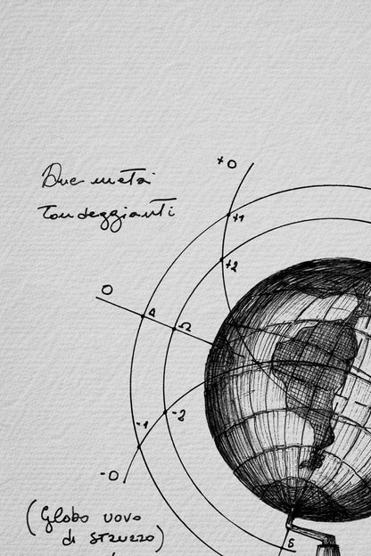 Ink detail Ovum Mundi - precise line drawing of the globe, illustration on paper | Lorenzo Caia