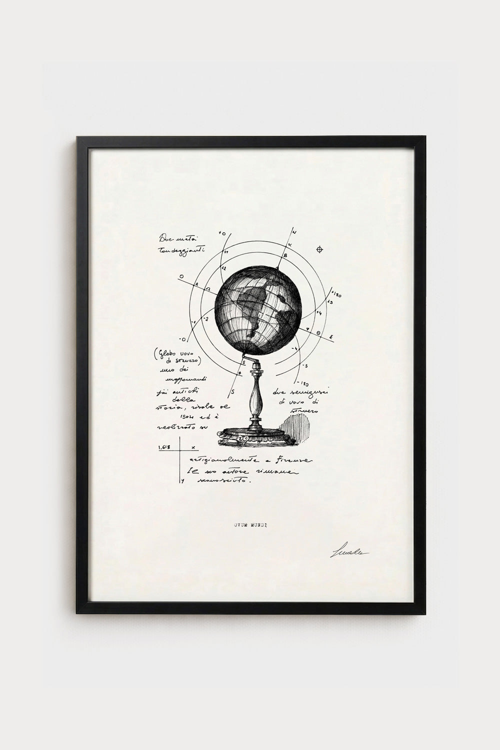 Ink illustration Ovum Mundi - fine art print on white background, world globe map drawing | Lorenzo Caia