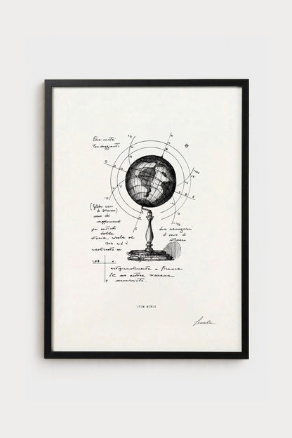 Ink illustration Ovum Mundi - fine art print on white background, world globe map drawing | Lorenzo Caia