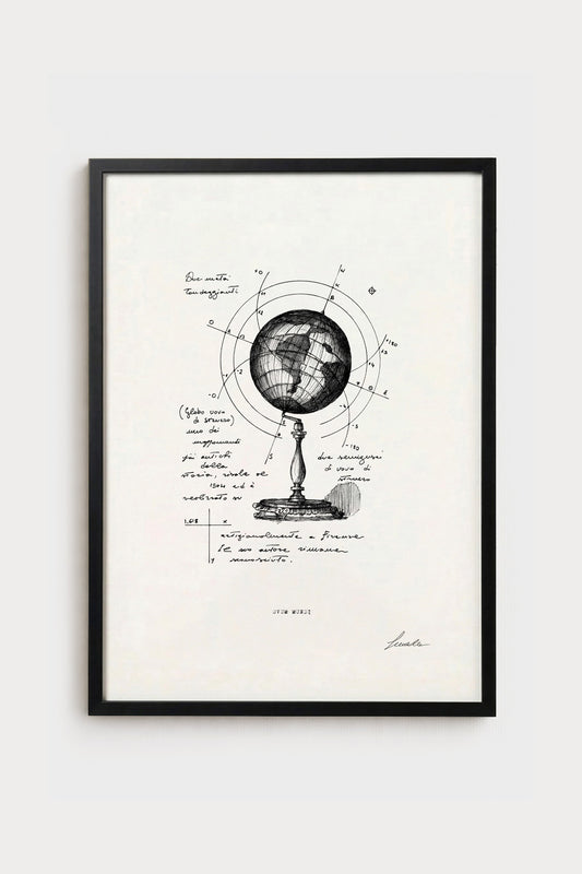 Ink illustration Ovum Mundi - fine art print on white background, world globe map drawing | Lorenzo Caia