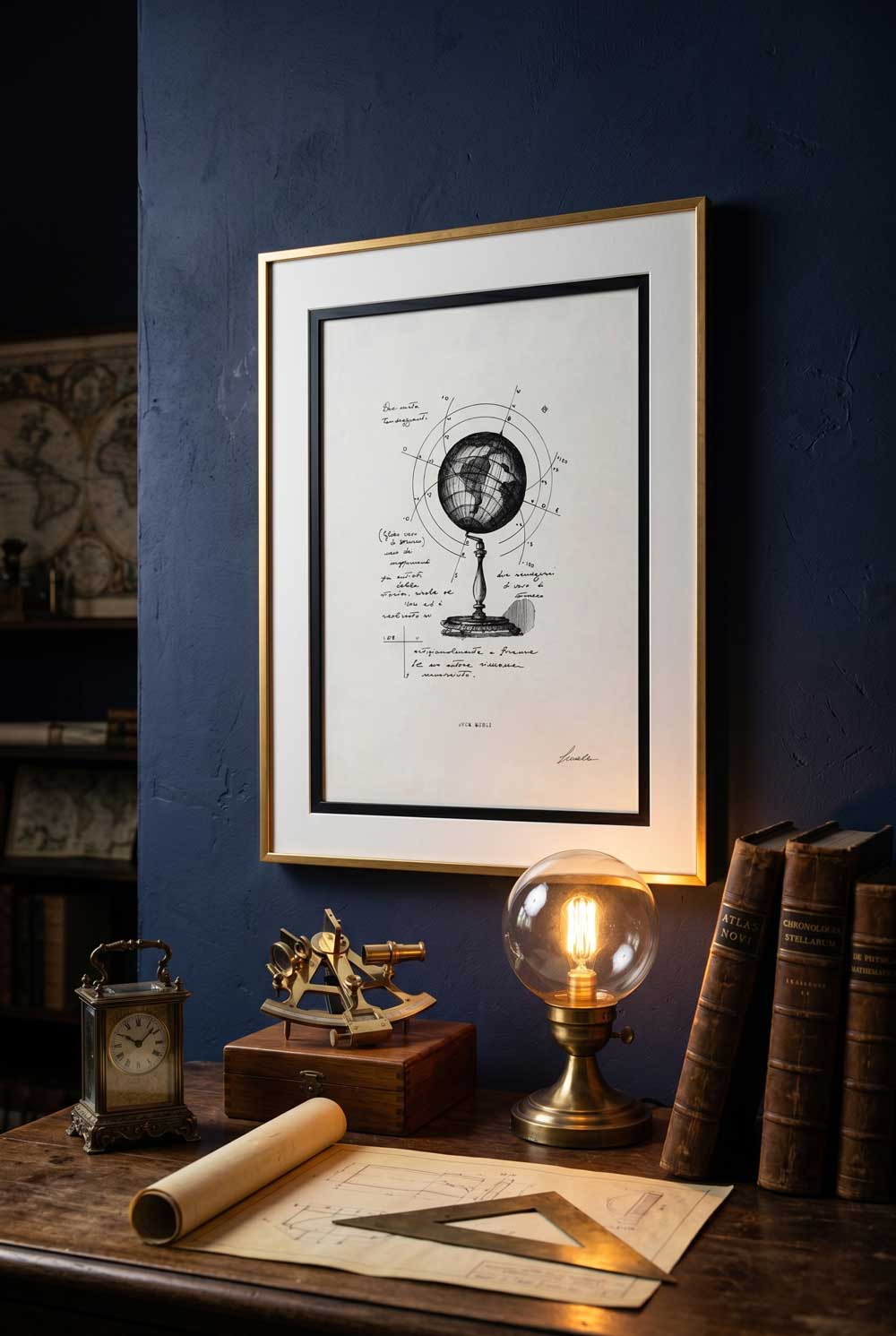 Framed print Ovum Mundi on a blue wall above a study desk - fine art wall art | Lorenzo Caia