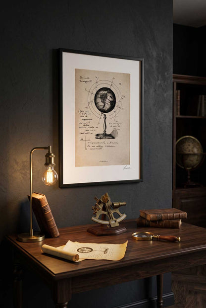 Framed print Ovum Mundi on a dark study desk with a lamp - fine art wall art | Lorenzo Caia