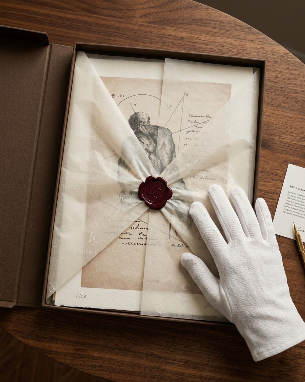 Confezione regalo di lusso per le stampe d'arte di Lorenzo Caia, avvolta in carta velina con sigillo in ceralacca personalizzato e guanti bianchi da collezione.