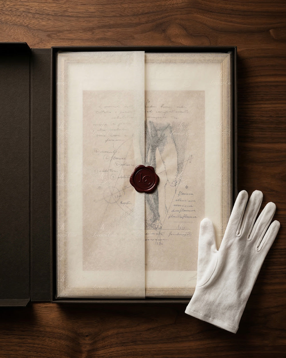 Confezione regalo di lusso per le opere di Lorenzo Caia con sigillo in ceralacca e guanto bianco per la cura del collezionista.