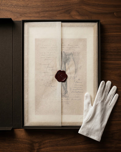 Confezione regalo di lusso per le opere di Lorenzo Caia con sigillo in ceralacca e guanto bianco per la cura del collezionista.