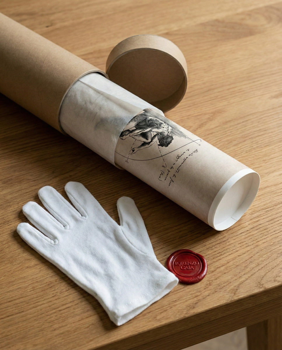 Confezione regalo premium per stampe d'arte Lorenzo Caia. Tubo rigido protettivo, opera "Cronos" avvolta in carta velina con sigillo in ceralacca e guanti bianchi in cotone per la manipolazione sicura.