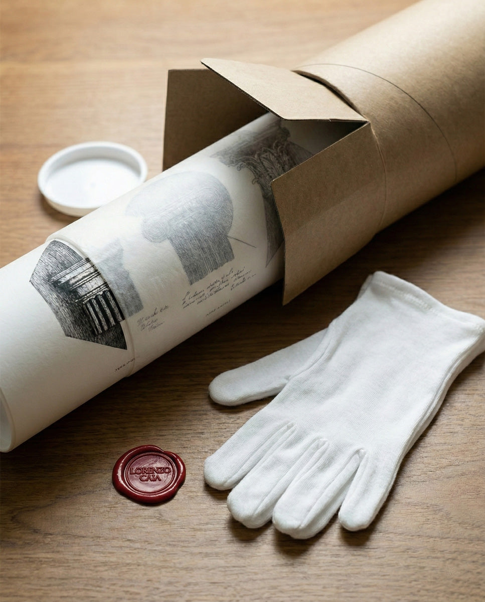 Confezione regalo premium per stampe d'arte Lorenzo Caia. Tubo rigido protettivo, opera "Ordo Aeternus" avvolta in carta velina con sigillo in ceralacca e guanti bianchi in cotone per la manipolazione sicura.