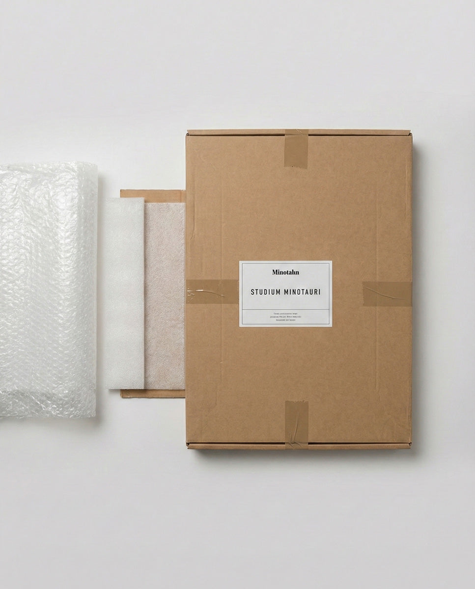 Confezione regalo premium per stampe d'arte Lorenzo Caia. Tubo rigido protettivo, opera "Studium Minotauri" avvolta in carta velina con sigillo in ceralacca e guanti bianchi in cotone per la manipolazione sicura.