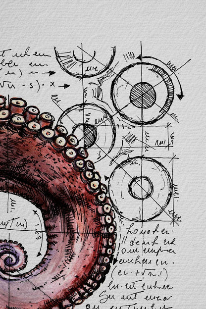 Ink detail Polypus Codex - close-up of octopus tentacles and geometric diagrams on white background | Lorenzo Caia