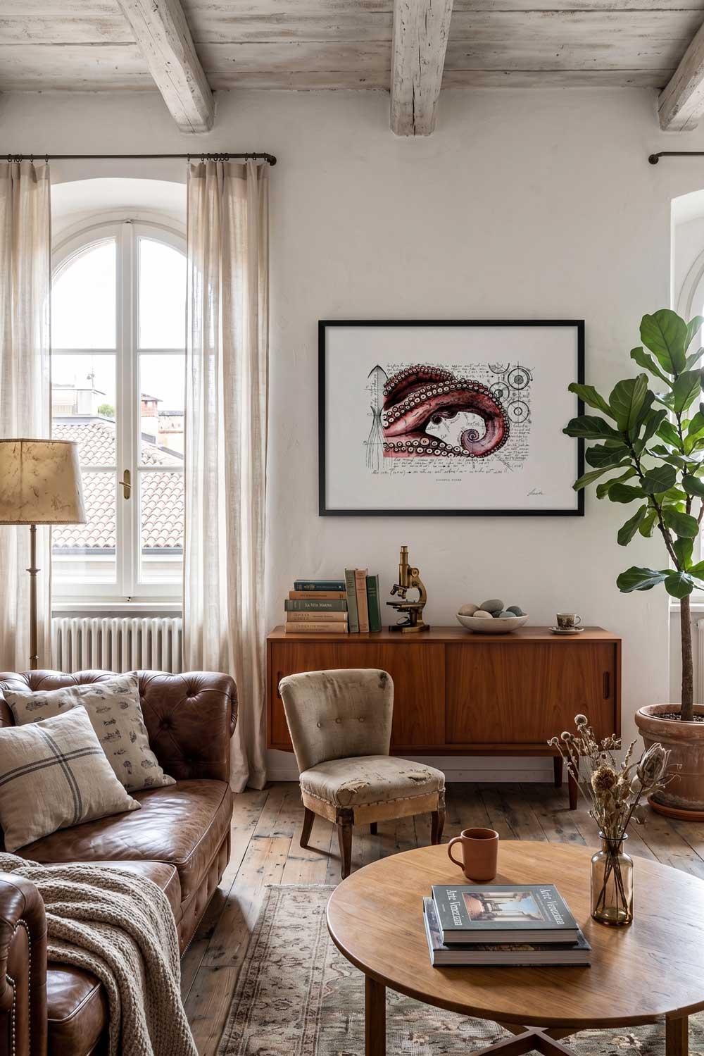 Framed print Polypus Codex in a bright living room interior above a wooden sideboard - fine art wall art | Lorenzo Caia