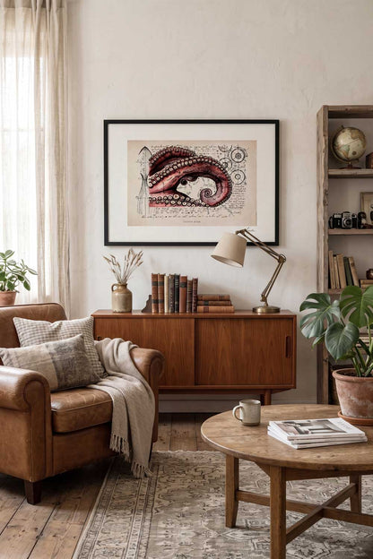 Framed print Polypus Codex in a cozy reading nook interior with a leather armchair - fine art wall art | Lorenzo Caia