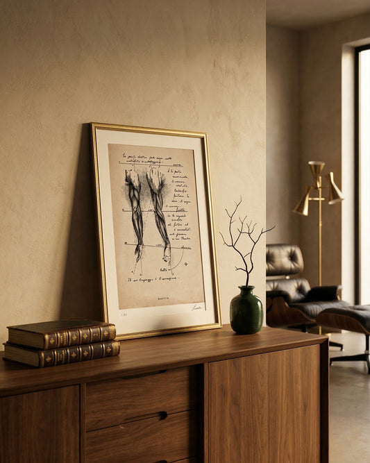 Disegno anatomico Brachium di Lorenzo Caia esposto in un ambiente di design moderno sopra una credenza in legno, esempio di home decor di lusso.