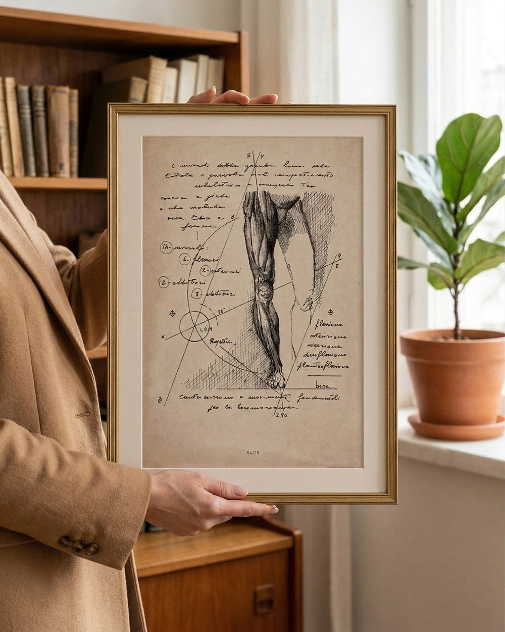 Una persona mostra il quadro anatomico di Lorenzo Caia, ideale per decorare studi professionali o interni moderni.
