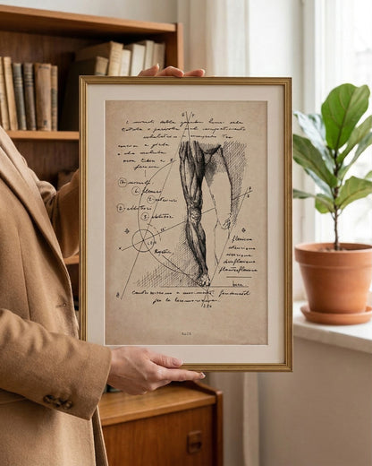 Una persona mostra il quadro anatomico di Lorenzo Caia, ideale per decorare studi professionali o interni moderni.