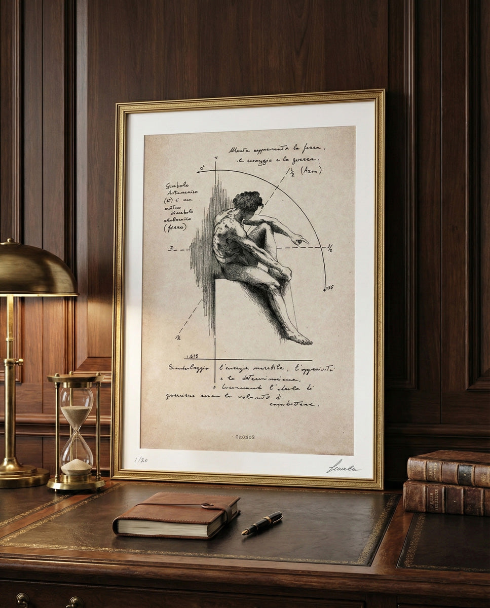 Stampa fine art "Cronos" incorniciata in oro, posizionata su una scrivania in pelle scura con clessidra in ottone e libri antichi in uno studio direzionale con boiserie in legno.