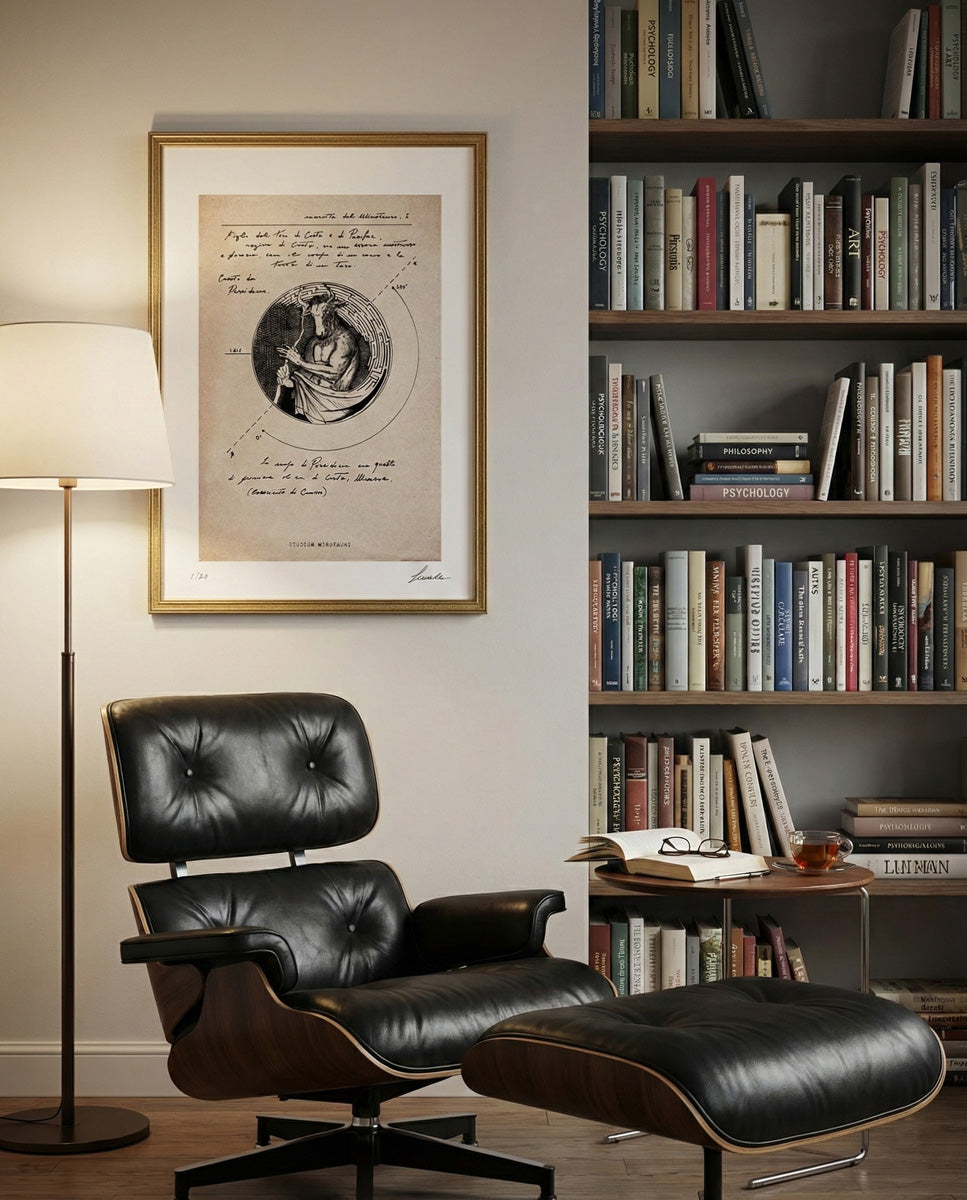 Stampa fine art "Studium Minotauri" incorniciata in oro, posizionata in uno studio di psicoterapia o biblioteca privata con poltrona Eames Lounge Chair, libreria piena di saggi e luce soffusa.