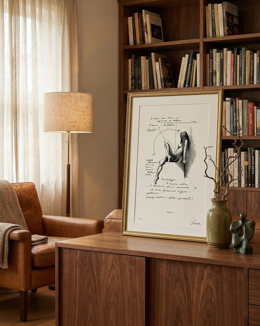 Esempio di arredamento con l'opera "Veneris" di Lorenzo Caia posizionata su un mobile in legno in un salotto elegante.