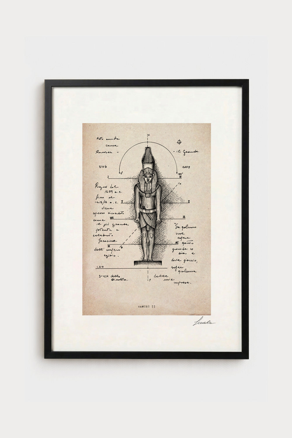 Ink illustration Ramses II on ivory background - archival fine art print, historical detail | Lorenzo Caia