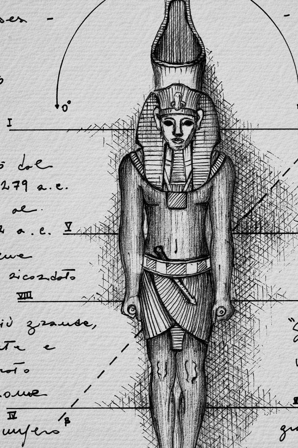 Ink detail Ramses II - clean line work drawing on white paper, pharaoh portrait | Lorenzo Caia