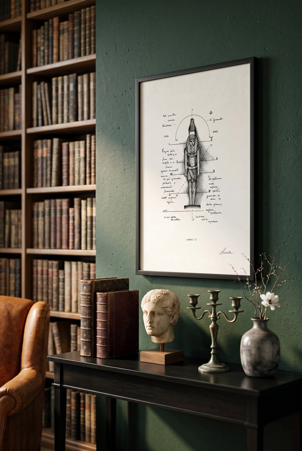 Framed print Ramses II in a living room with green wall and bookshelf - fine art wall art | Lorenzo Caia