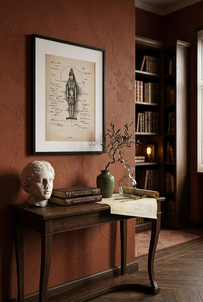 Framed print Ramses II in a classic study room above a wooden console table - fine art wall art | Lorenzo Caia
