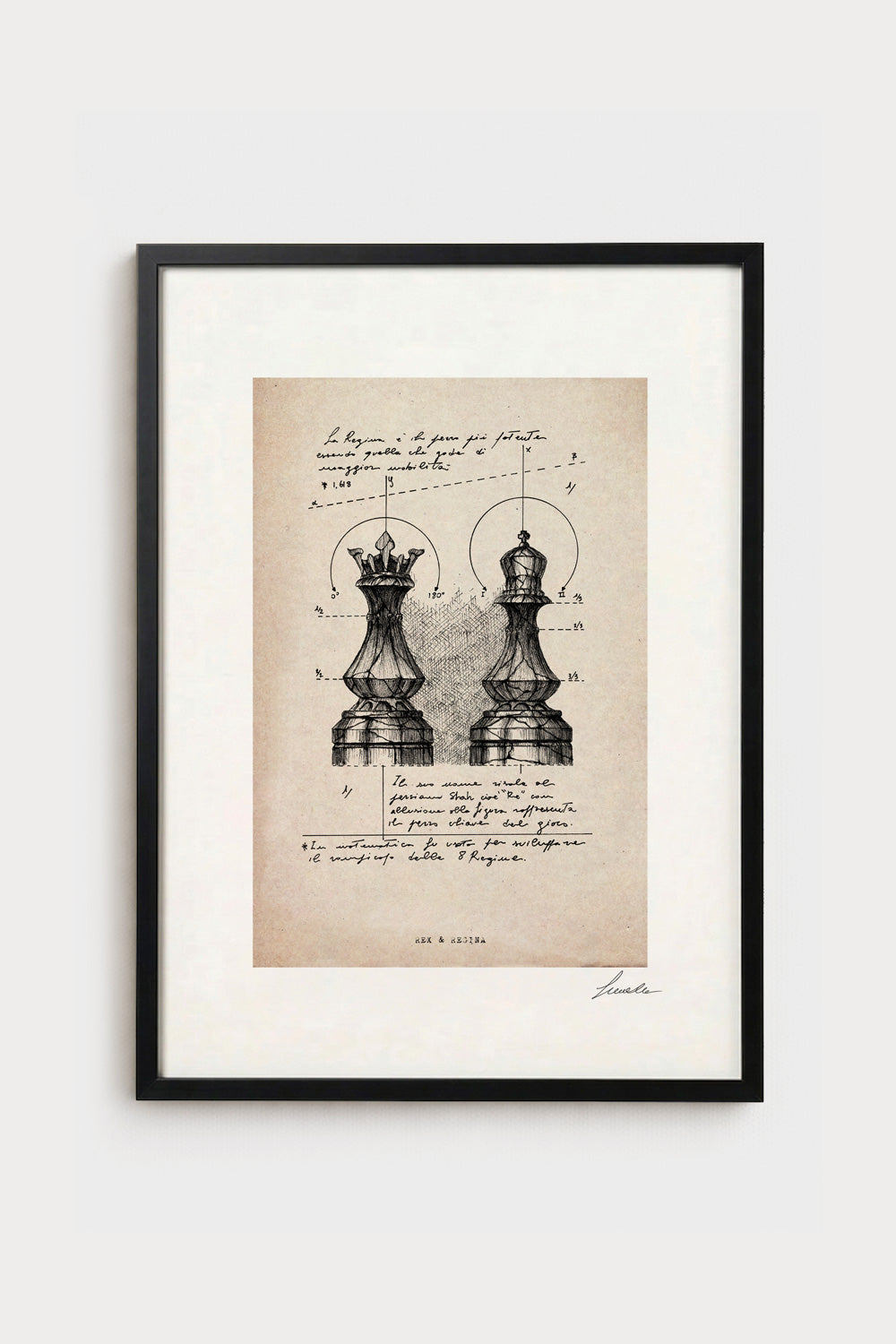 Ink illustration Rex & Regina on ivory background - archival fine art print, chess piece diagram | Lorenzo Caia