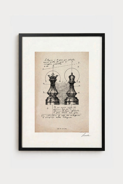 Ink illustration Rex & Regina on ivory background - archival fine art print, chess piece diagram | Lorenzo Caia