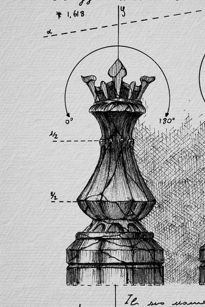 Ink detail Rex & Regina - dense crosshatching on the chess queen, white paper illustration | Lorenzo Caia