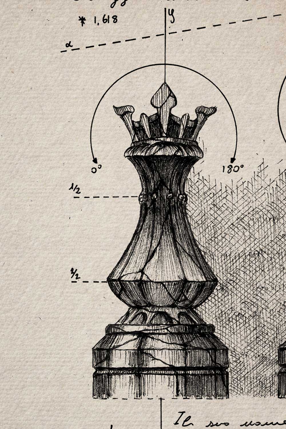 Ink detail Rex & Regina - fine line work of the queen chess piece crown on ivory paper | Lorenzo Caia