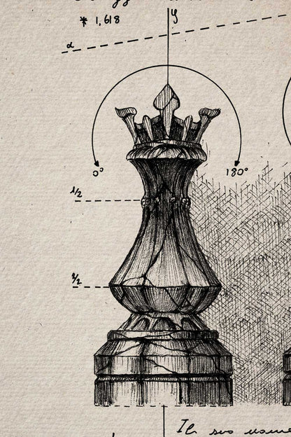 Ink detail Rex & Regina - fine line work of the queen chess piece crown on ivory paper | Lorenzo Caia