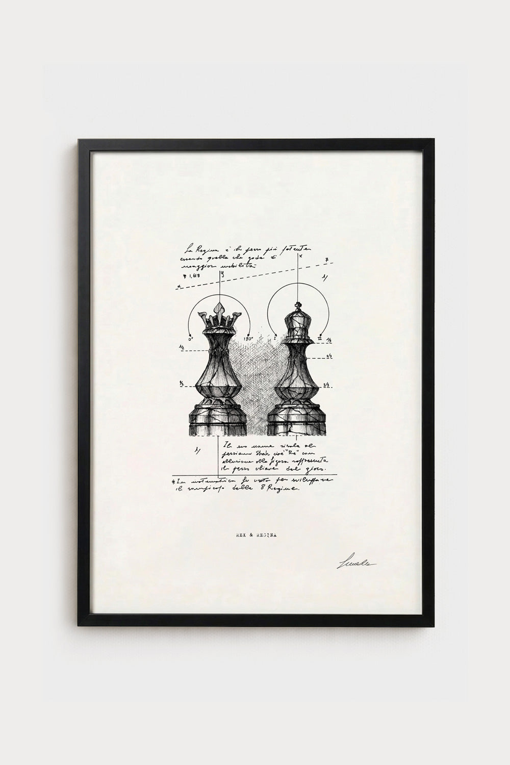 Ink illustration Rex & Regina - fine art print on white background, chess pieces and geometry | Lorenzo Caia