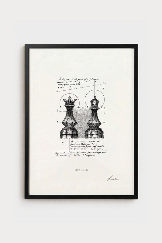 Ink illustration Rex & Regina - fine art print on white background, chess pieces and geometry | Lorenzo Caia
