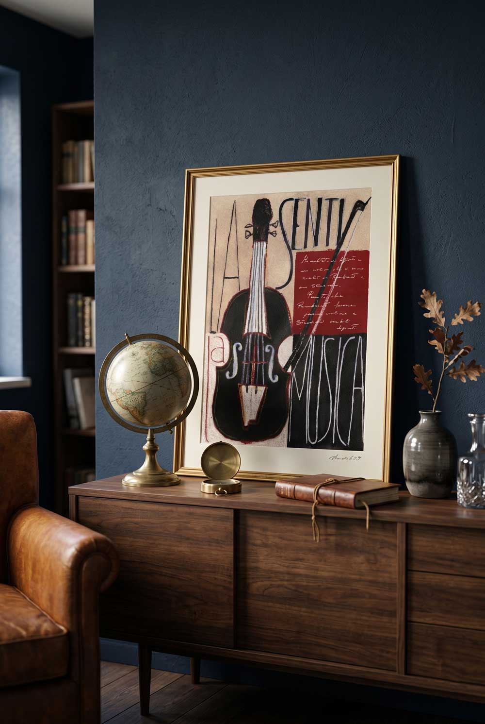 Framed print Senti la musica resting on a living room cabinet next to a globe - fine art wall art | Lorenzo Caia