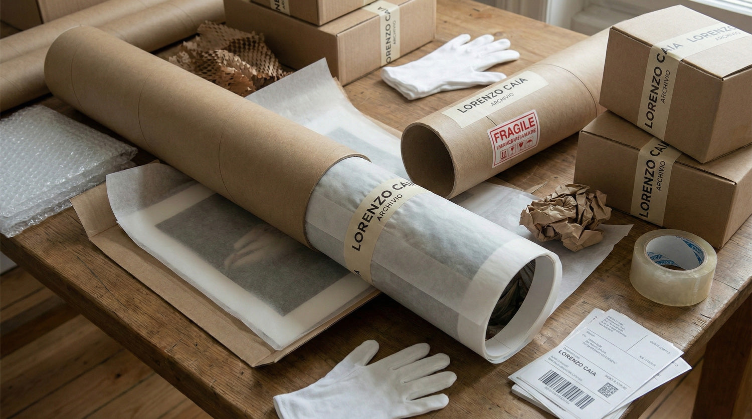 Dettaglio dell'imballaggio di sicurezza per stampe d'arte fine-art. Tubo in cartone rinforzato extra-strong, opera avvolta in carta velina protettiva acid-free e sigillo di garanzia per spedizioni assicurate Archivio Lorenzo Caia.