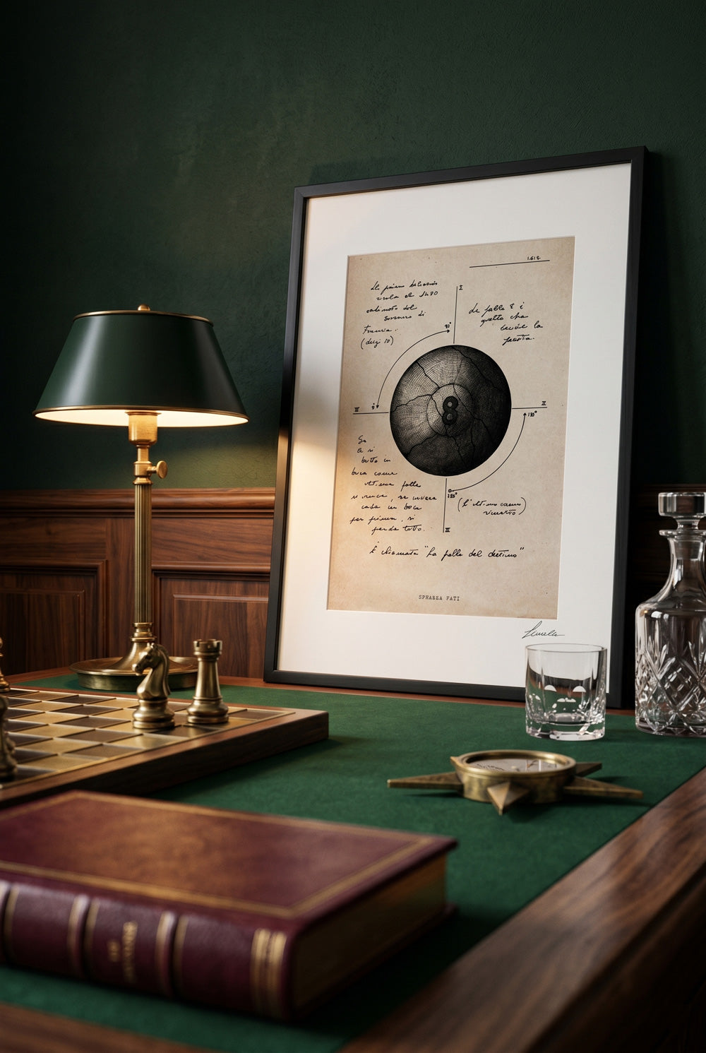 Framed Sphaera Fati print on a desk with a chessboard and books — fine art wall art | Lorenzo Caia