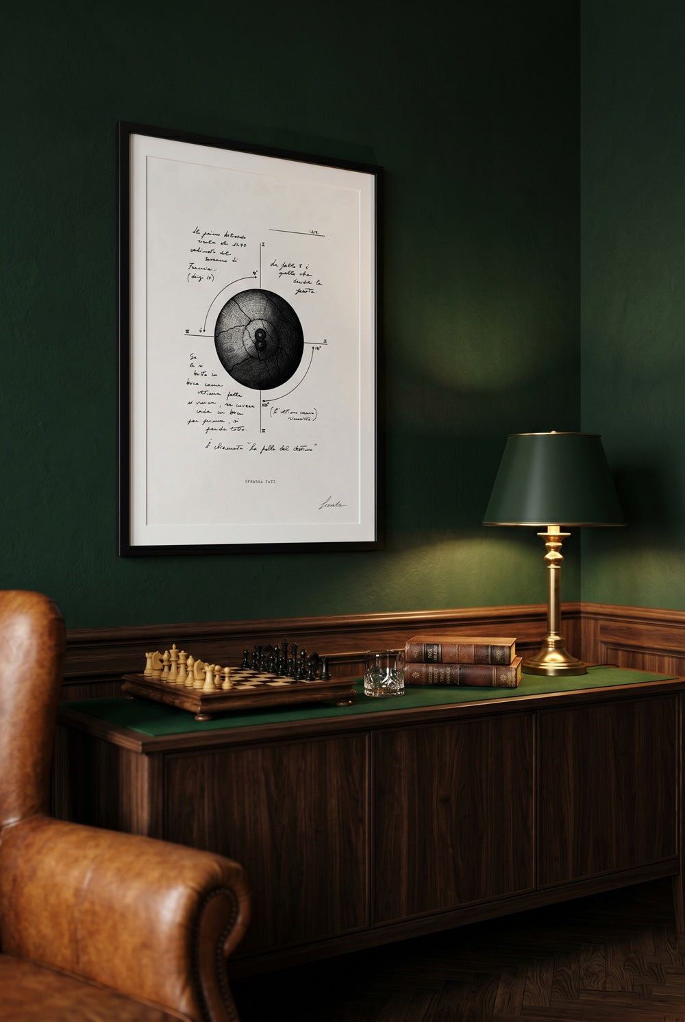 Framed Sphaera Fati print in a sophisticated green study with a lamp — fine art wall art | Lorenzo Caia