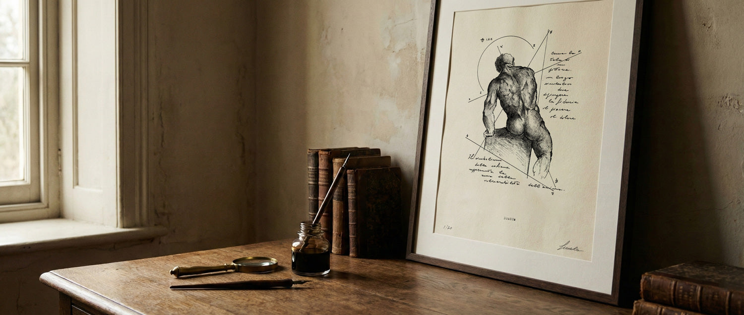 Stampa Giclée anatomica della schiena umana ("Dorsum") incorniciata, appoggiata su un tavolo di legno in un ambiente rustico e luminoso. Sono presenti vecchi libri, un calamaio con penna e una lente d'ingrandimento, che esaltano lo stile vintage e di studio dell'opera.