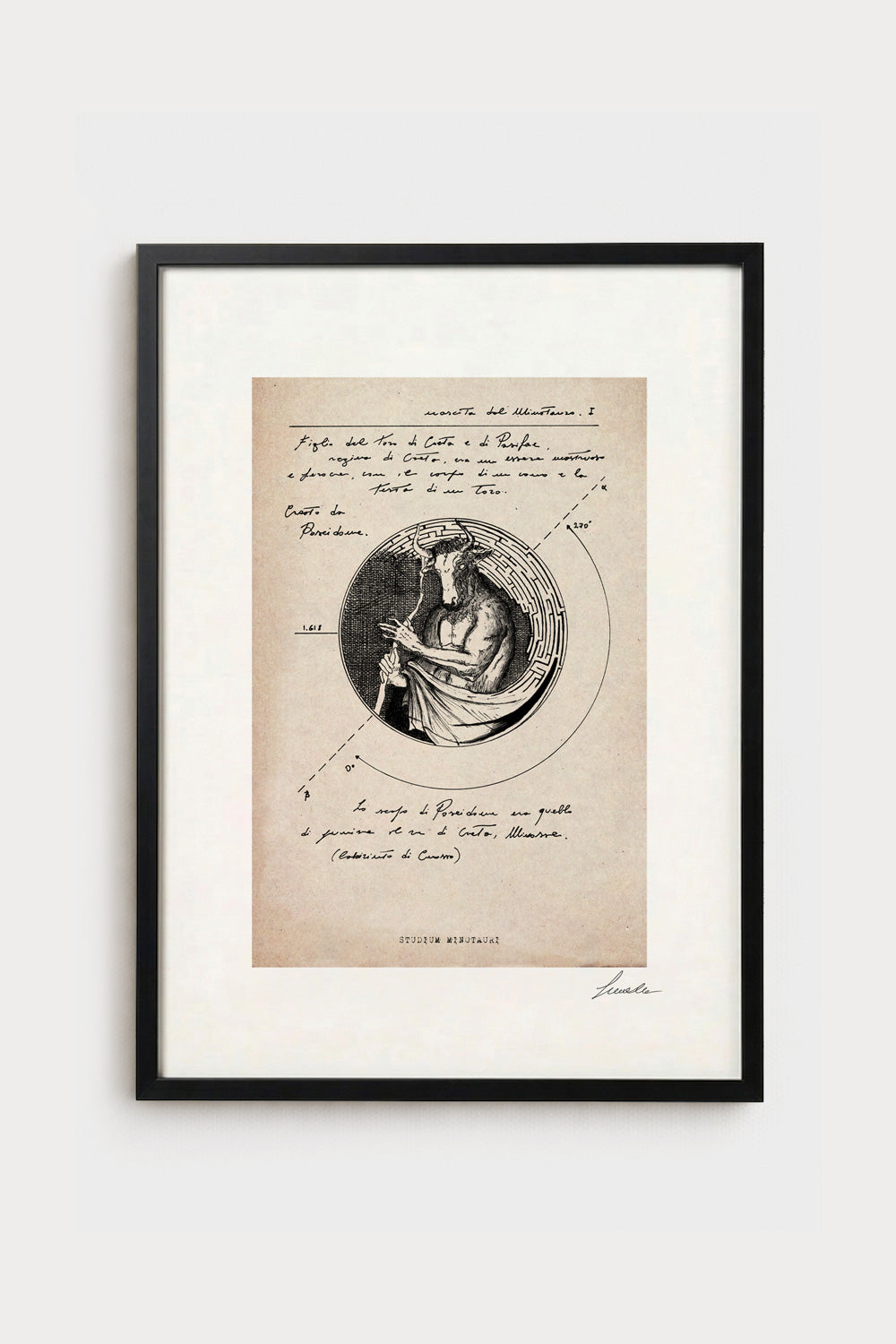 Ink illustration Studium Minotauri on ivory background - archival fine art print, vintage myth diagram | Lorenzo Caia